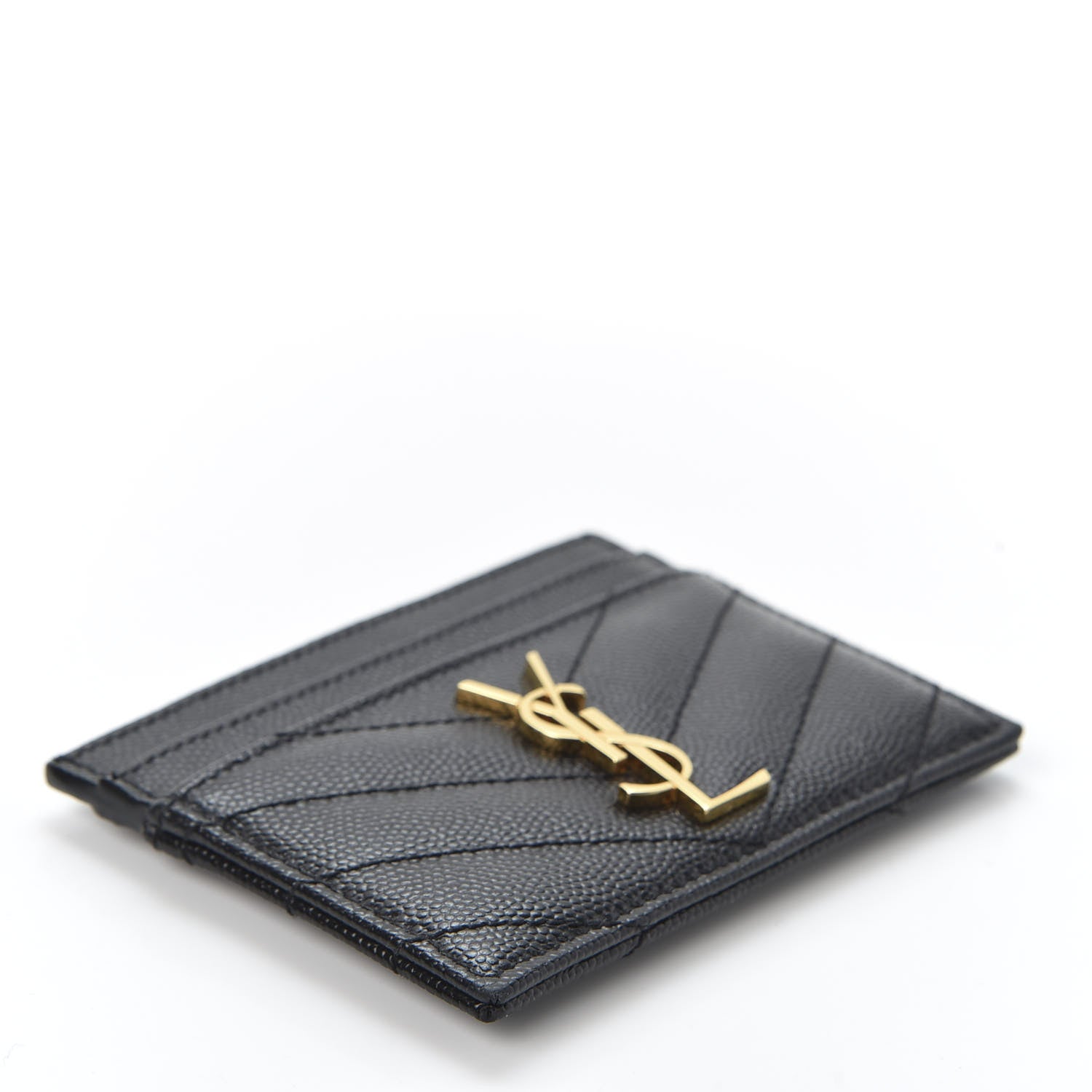 Saint Laurent Grain De Poudre Matelasse Chevron Monogram Credit Card Case Black 3 of 8