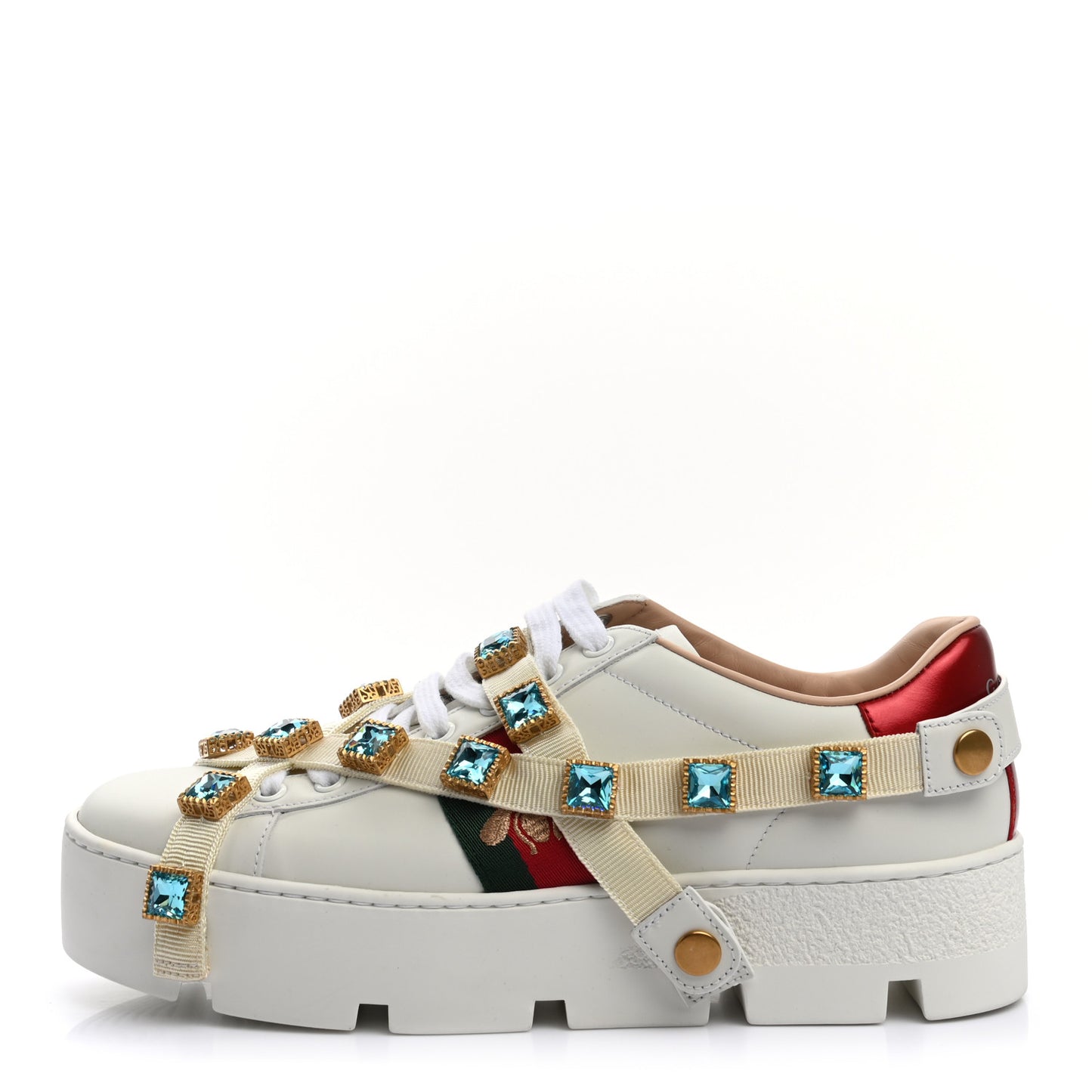 Calfskin Removable Crystals Bee Embroidered Ace Platform Sneakers 37.5 White