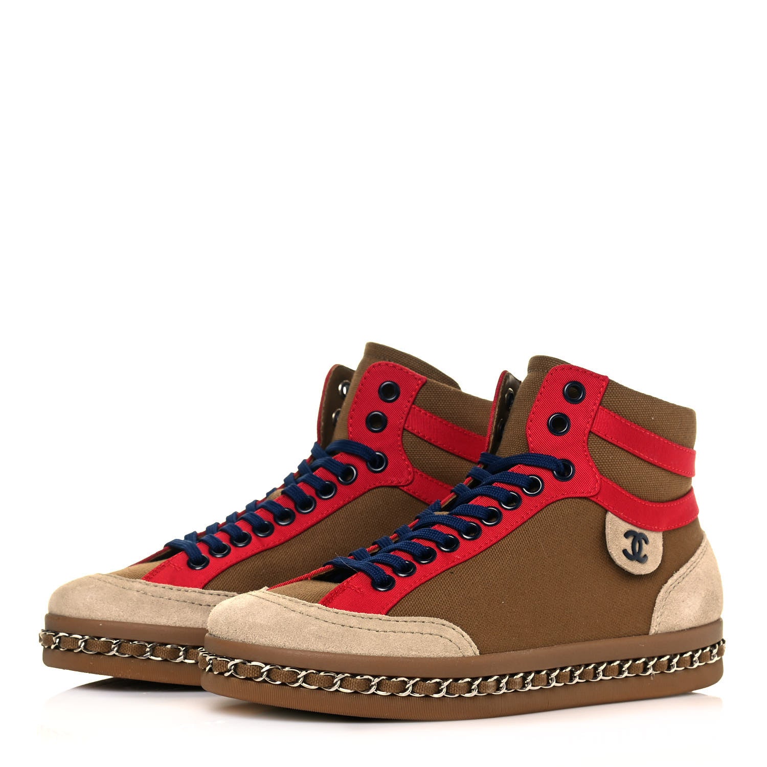 Chanel Suede Calfskin Canvas Grosgrain High Top Chain CC Sneakers 35 Brown Red 3 of 7