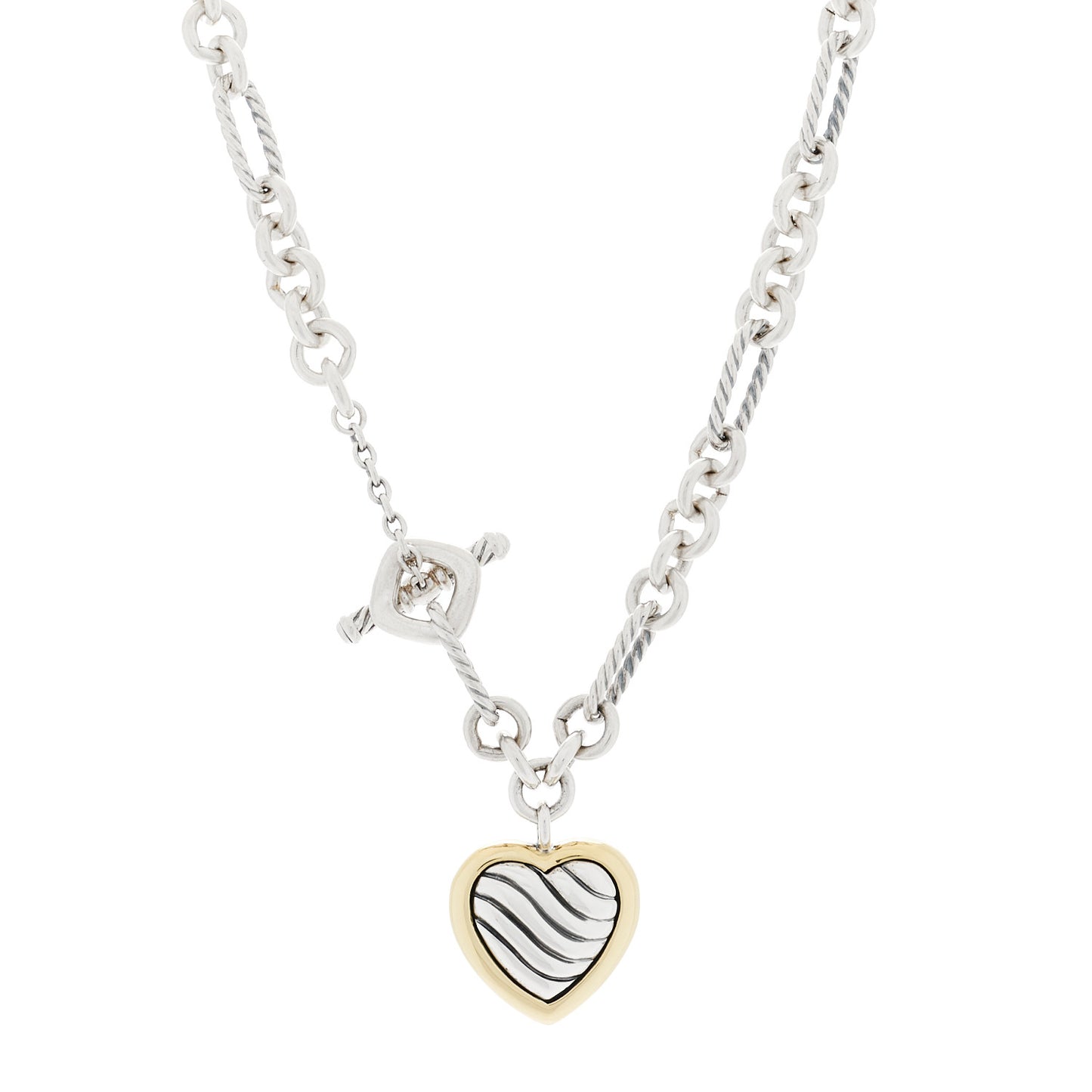Sterling Silver 18K Yellow Gold Cable Heart Figaro Necklace