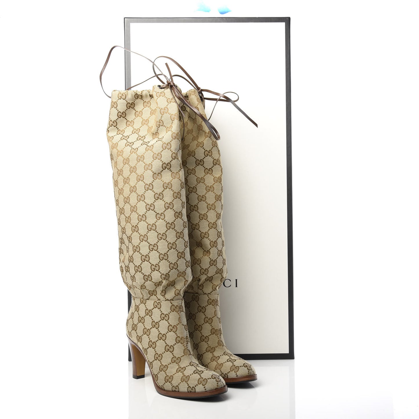 Monogram Malaga Kid Lisa Mid Heel Boots 35 Beige Ebony