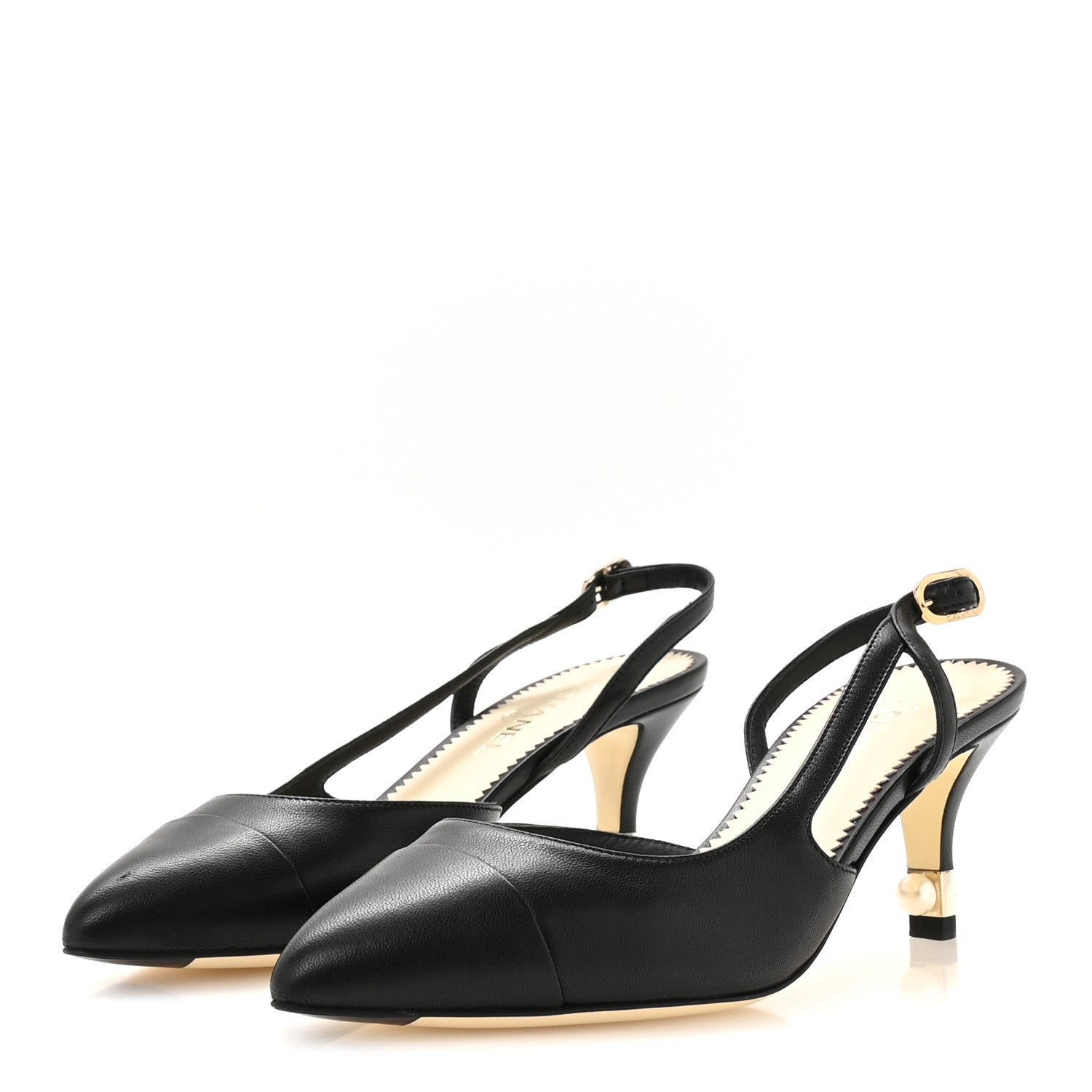 Chanel Lambskin Satin Cap Toe CC Slingback Heels 35.5 Black 4 of 9