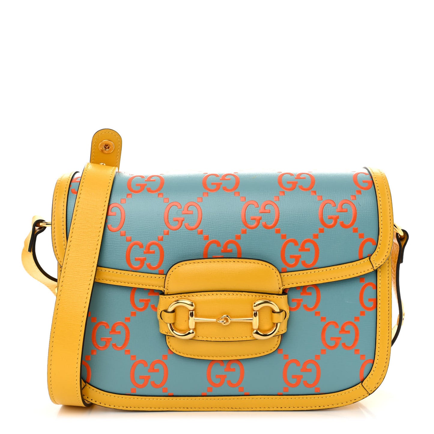 Azalea Calfskin GG Monogram Bi-Color Debossed Horsebit 1955 Shoulder Bag Dusty Azure Stone Topaz Deep Orange