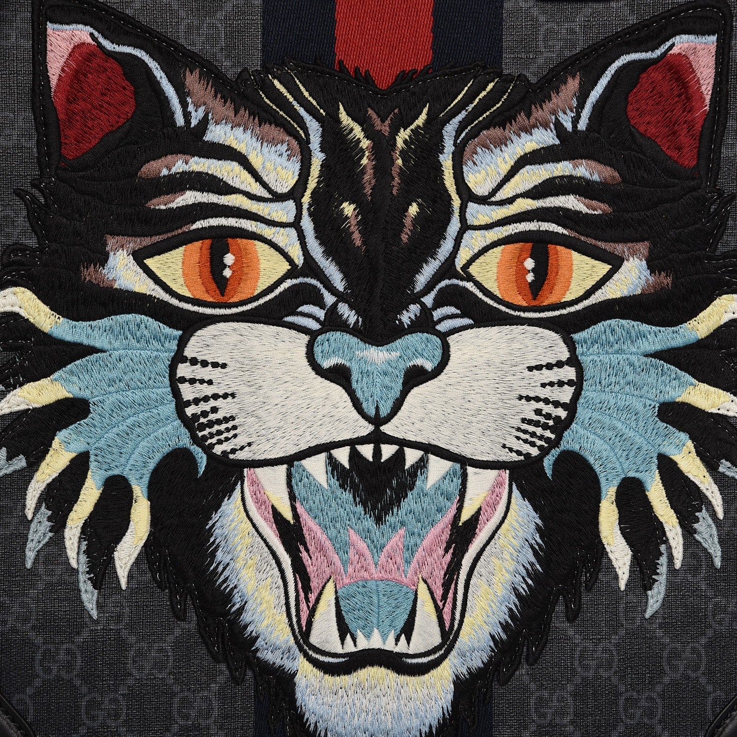 Gucci GG Supreme Monogram Web Angry Cat Embroidered Vertical Tote Black Grey 8 of 8