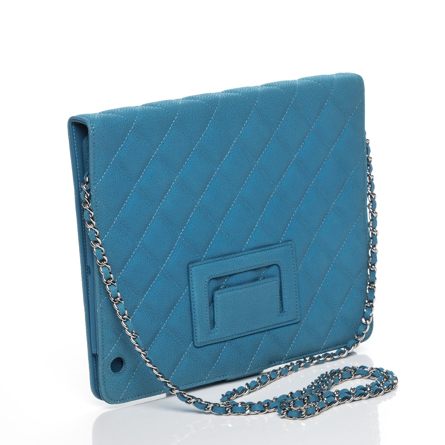 Iridescent Caviar Quilted Crossbody iPad Holder Blue