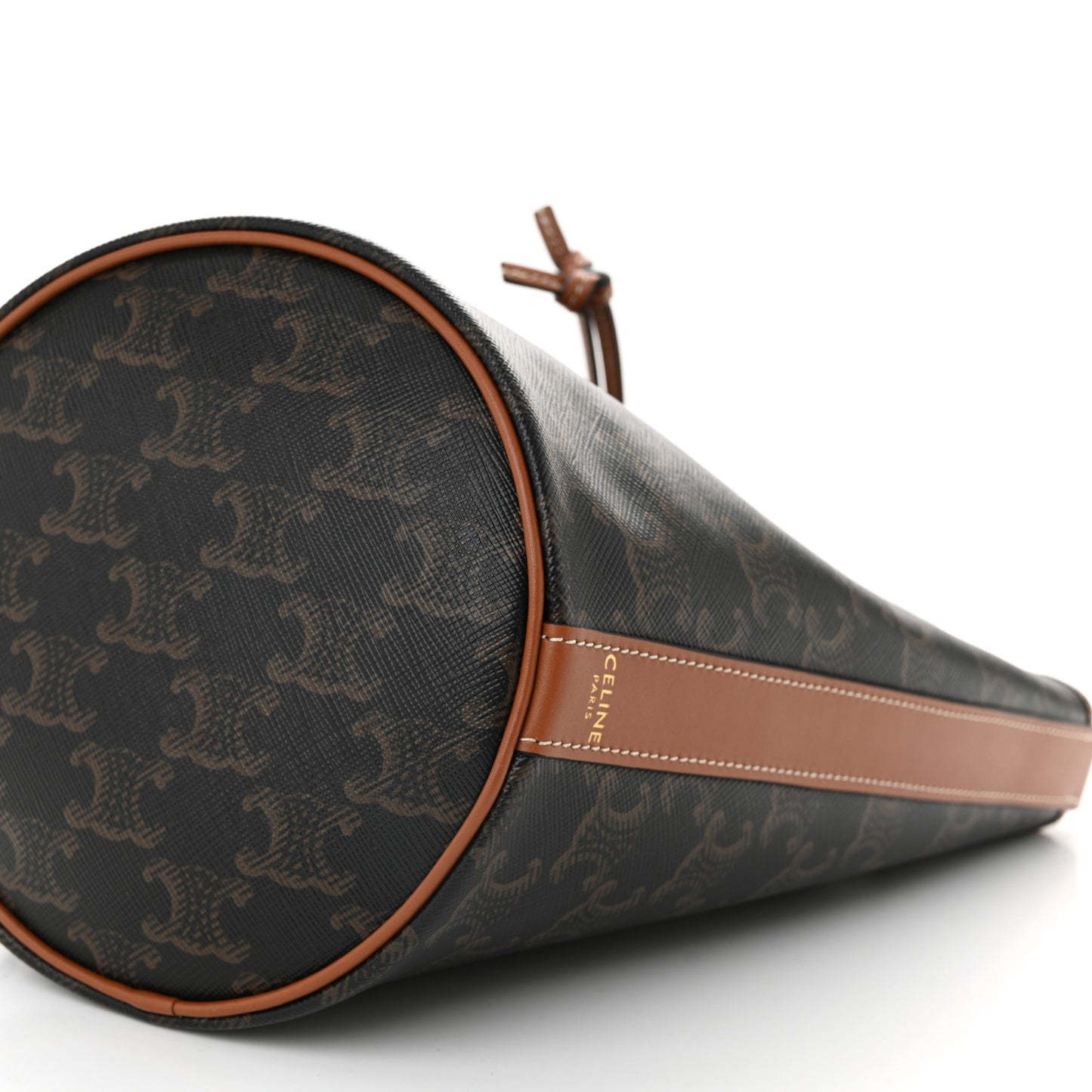 Triomphe Canvas Calfskin Small Drawstring Bucket Bag Tan