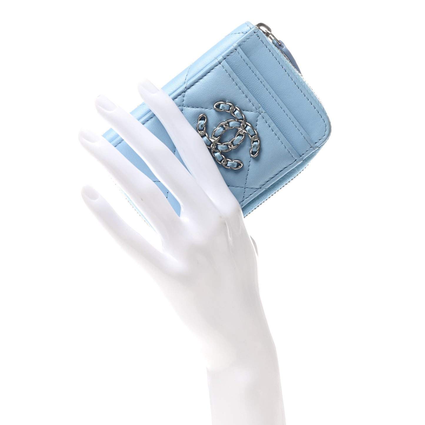 Lambskin Quilted Chanel 19 Vertical Zip Card Holder Wallet Light Blue