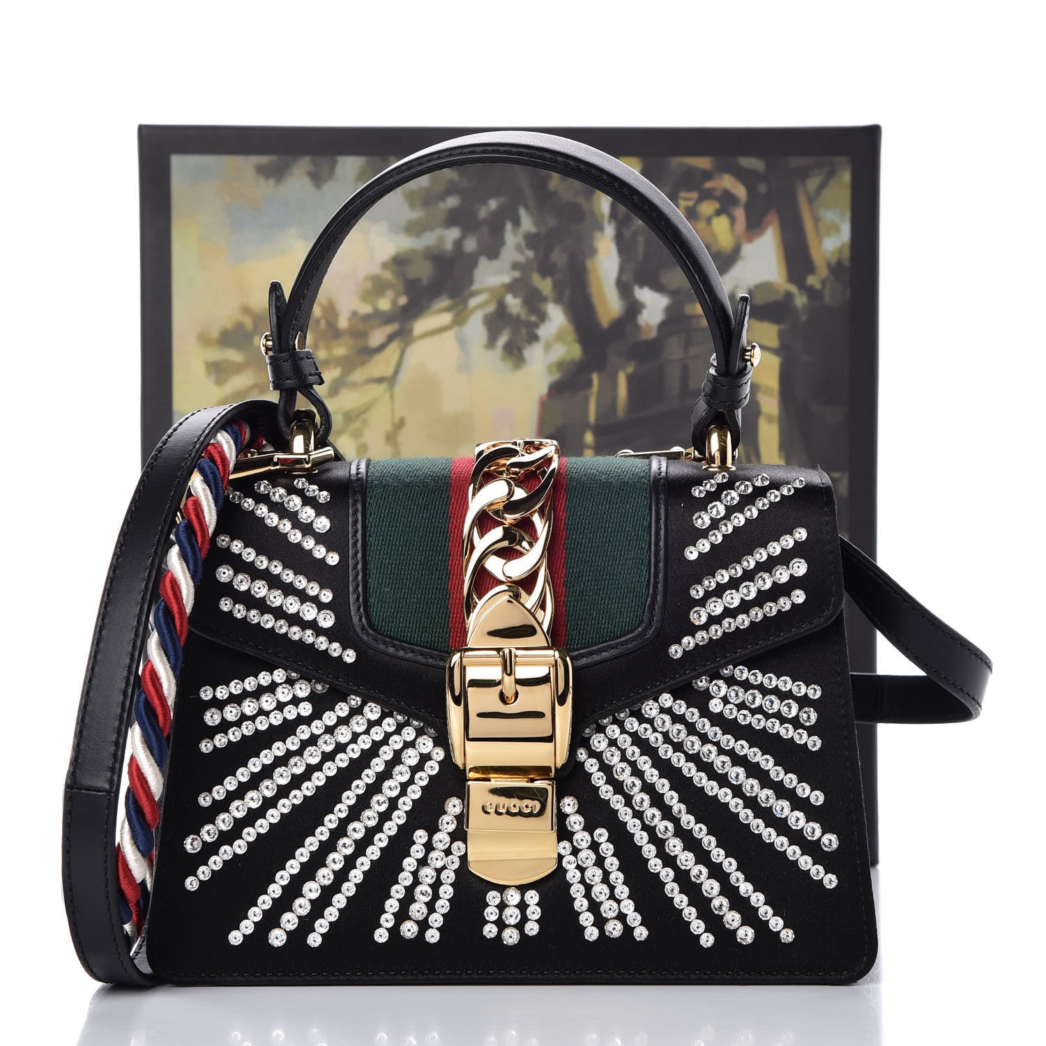 Gucci Satin Crystal Mini Sylvie Top Handle Bag Black 8 of 8