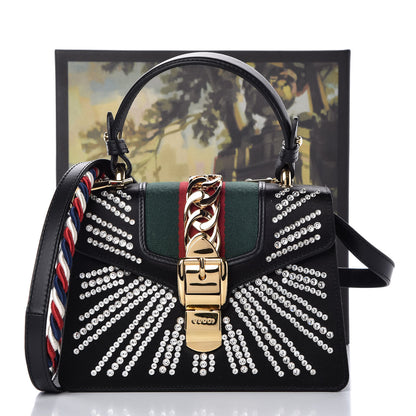 Gucci Satin Crystal Mini Sylvie Top Handle Bag Black 8 of 8