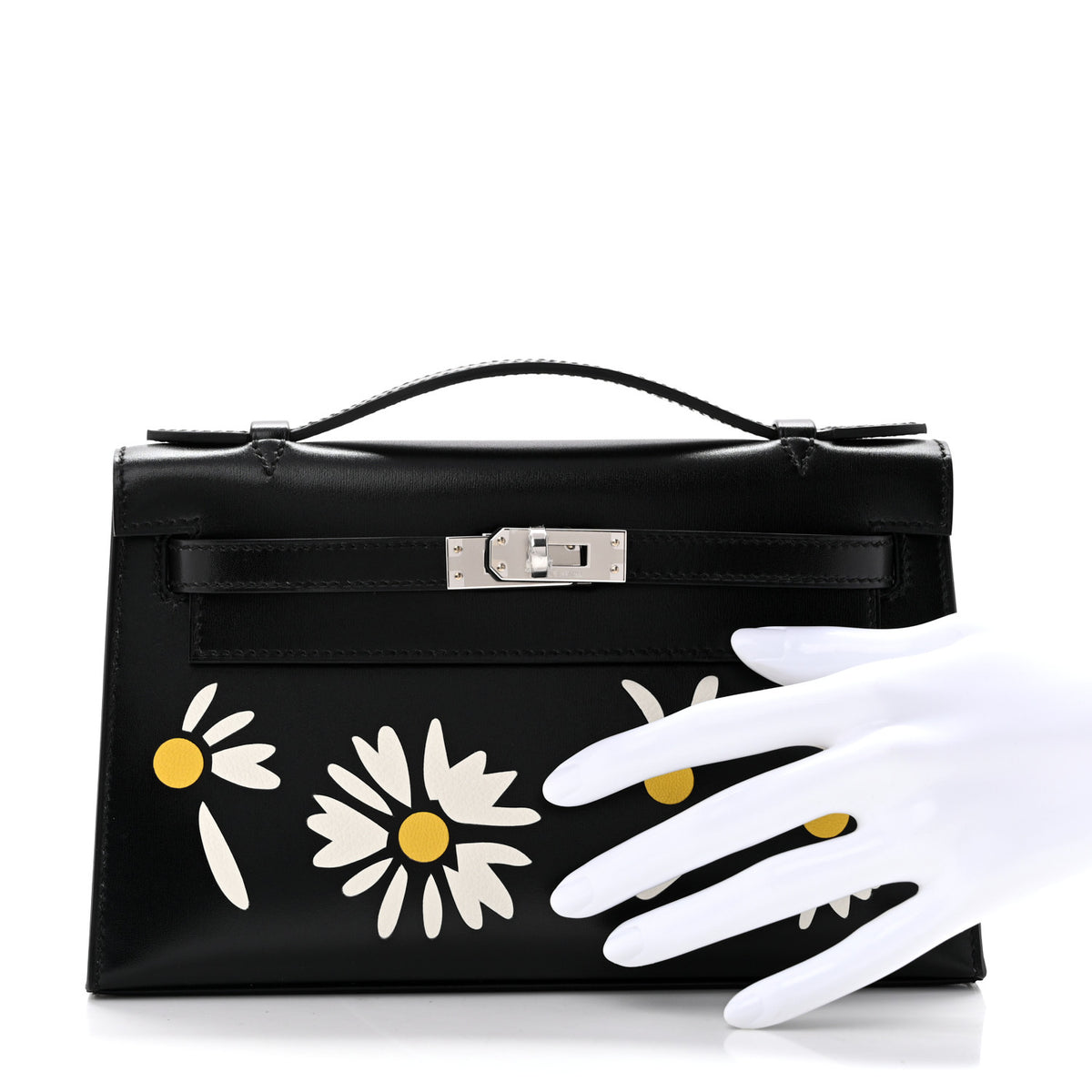 Hermes Box Marquetry Daisies Kelly Pochette Clutch Black White Jaune De Naples 2 of 10