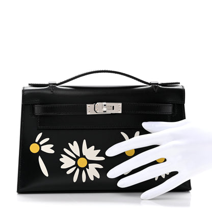 Hermes Box Marquetry Daisies Kelly Pochette Clutch Black White Jaune De Naples 2 of 10