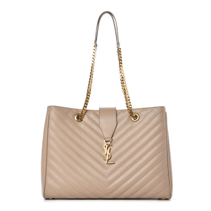Saint Laurent Grain De Poudre Matelasse Chevron Monogram Shopping Bag Dark Beige 1 of 14