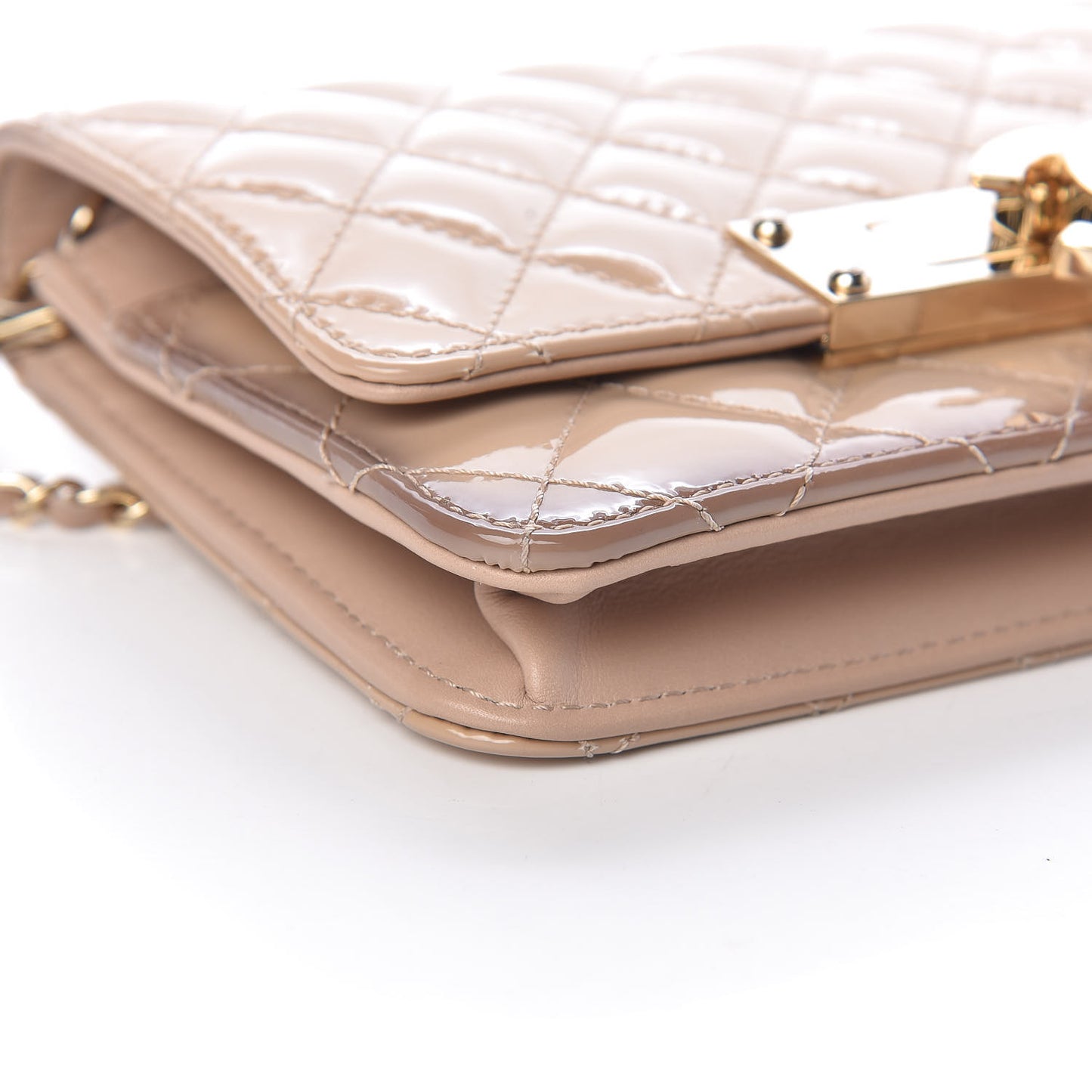 Patent Quilted Golden Class Wallet on Chain WOC Light Beige