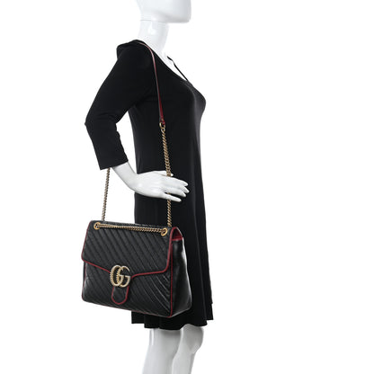 Gucci Vintage Effect Calfskin Matelasse Diagonal Large Torchon GG Marmont Shoulder Bag Black Romantic Cherry 2 of 8
