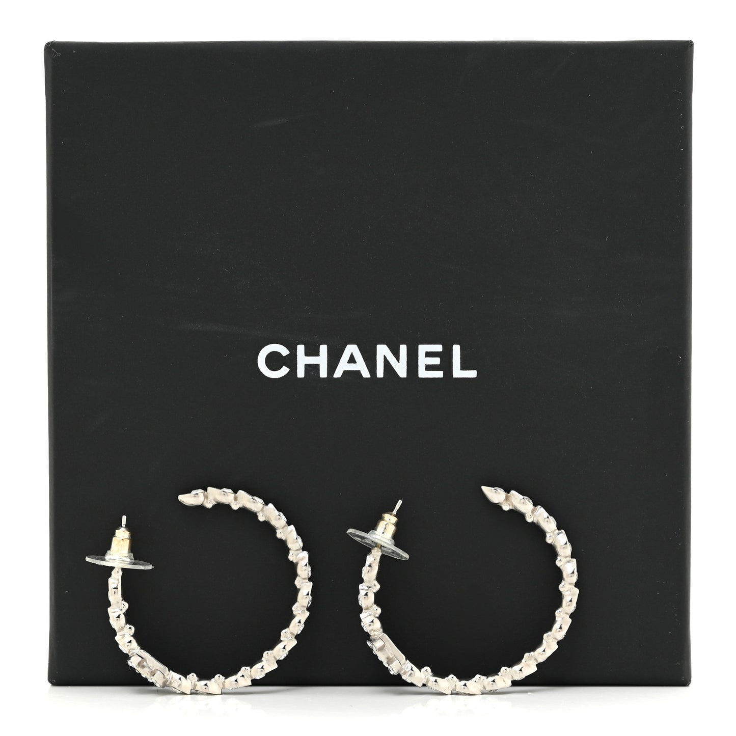 Metal Crystal CC Hoop Earrings Silver