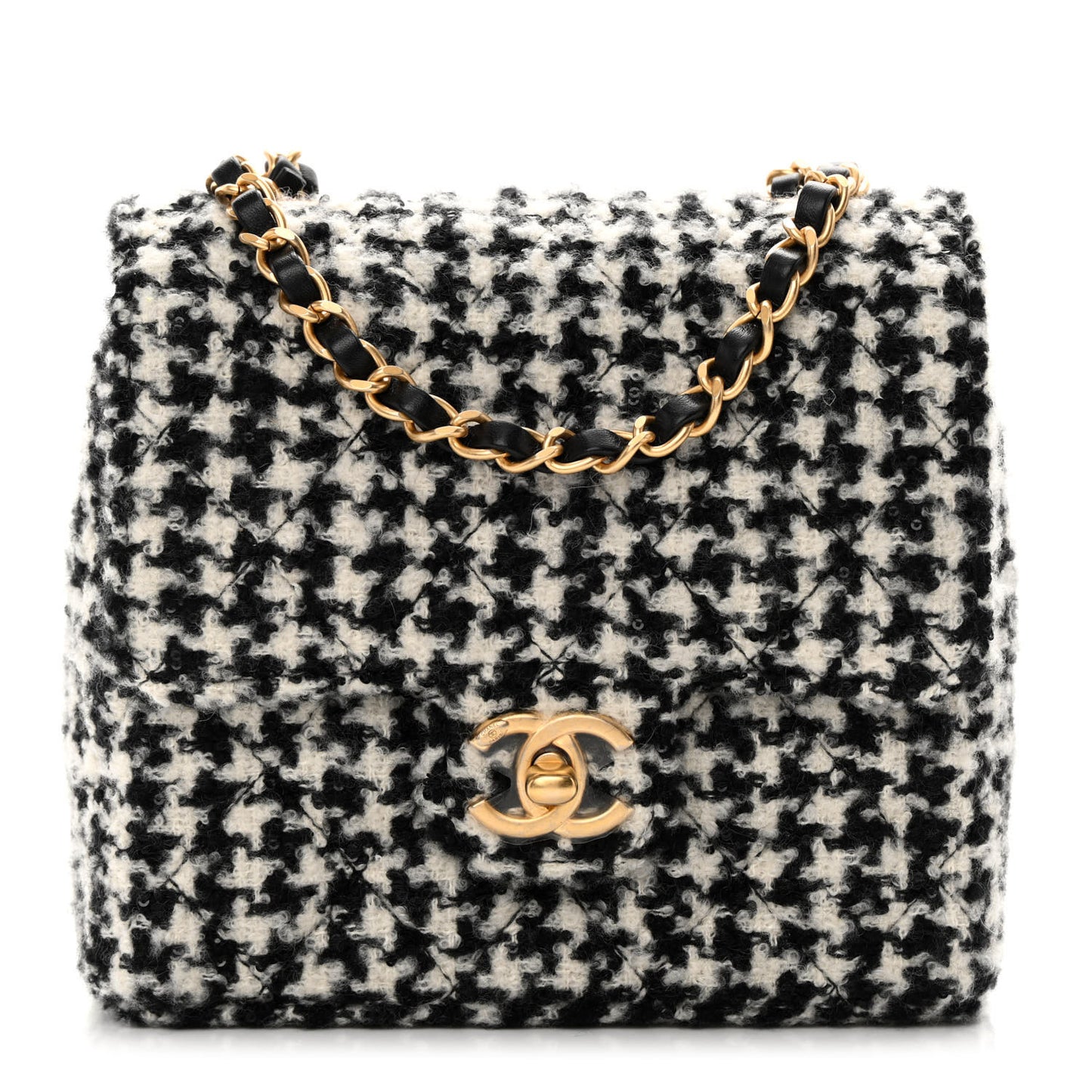 Tweed Houndstooth Quilted Mini Square Flap White Black