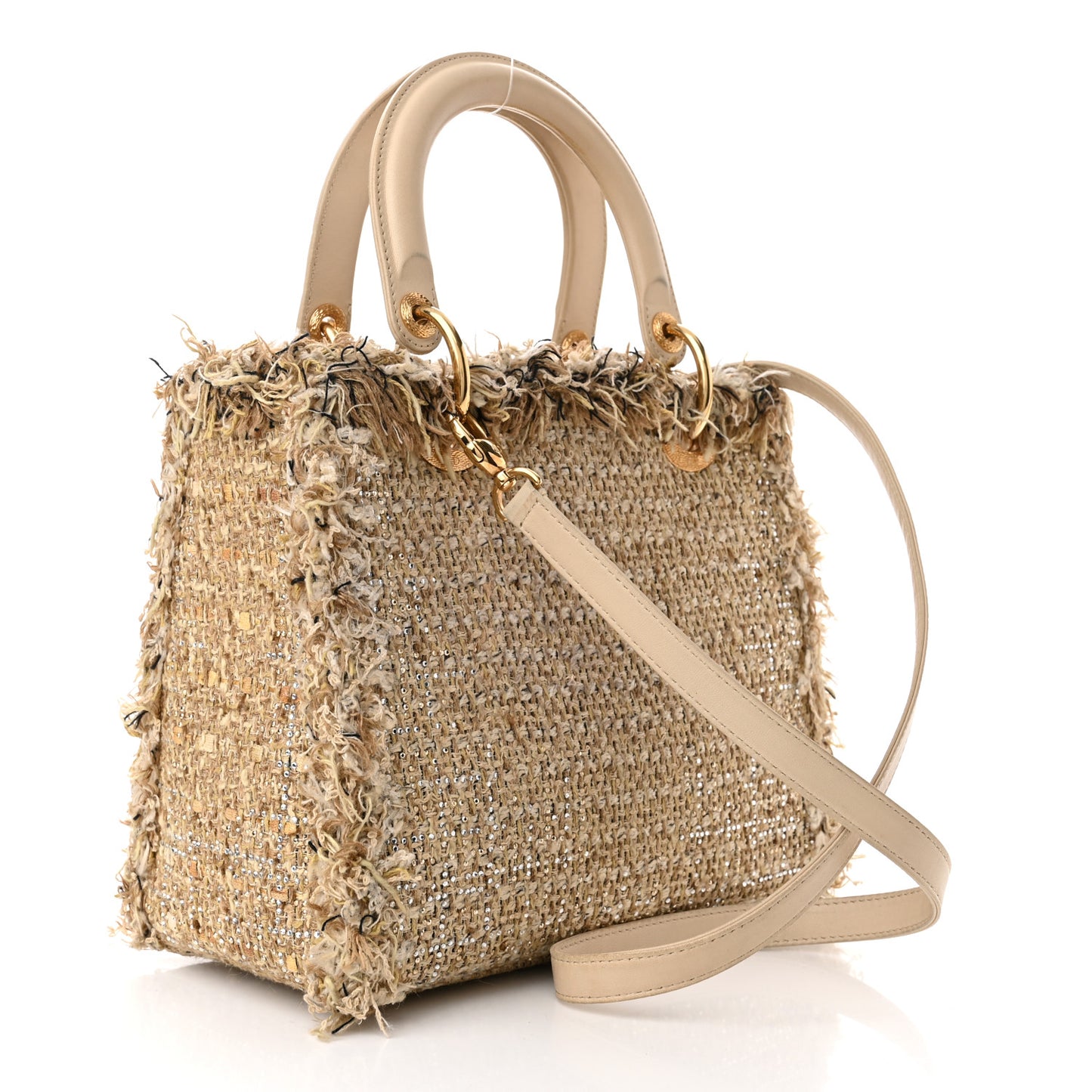 Tweed Crystal Fringe Medium Lady Dior Beige