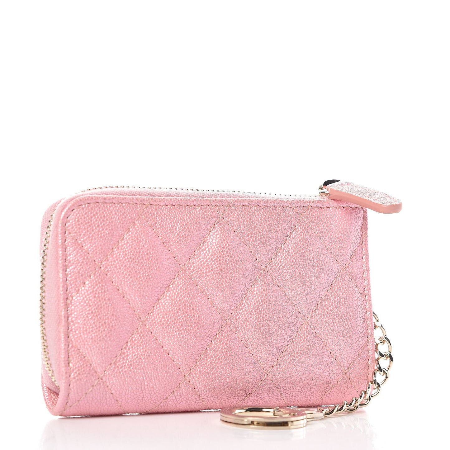 Iridescent Caviar Quilted Zipped Key Holder Case Rose Pink