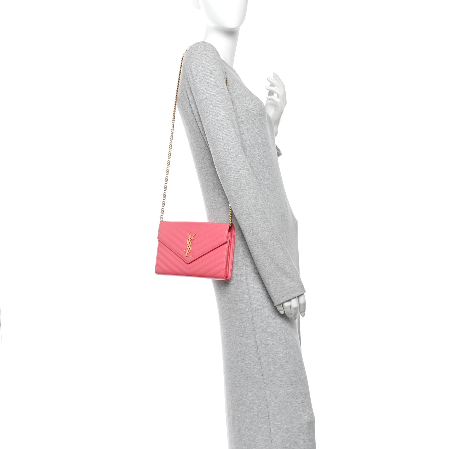 Saint Laurent Grain De Poudre Matelasse Chevron Monogram Chain Wallet Rose Clair 2 of 12
