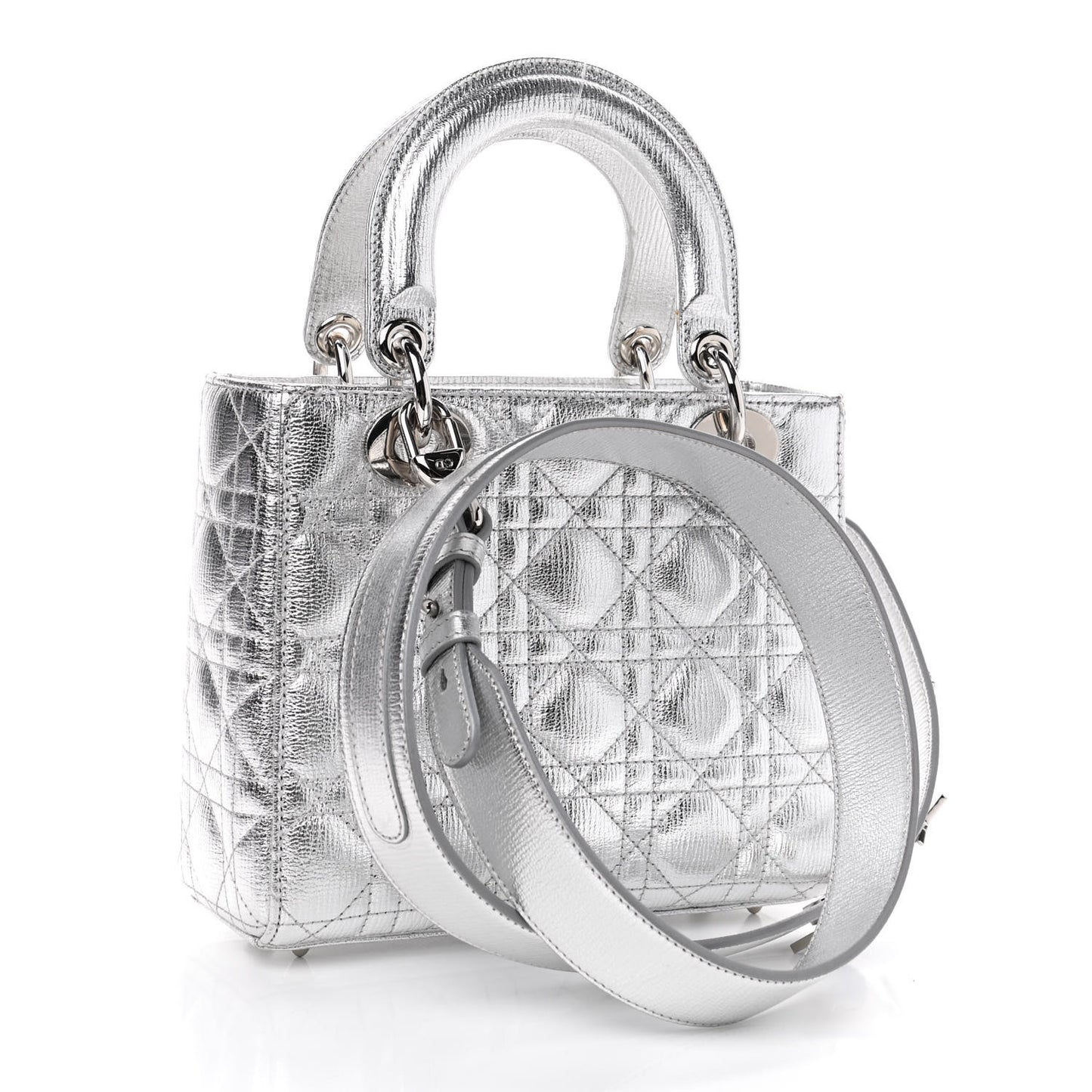 Metallic Grained Calfskin Cannage Small Lucky Badges My Lady Dior Silver