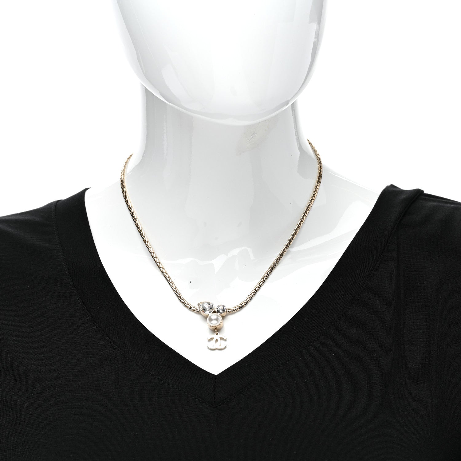 Chanel Pearl Crystal CC Teardrop Braided Necklace Gold 2 of 4