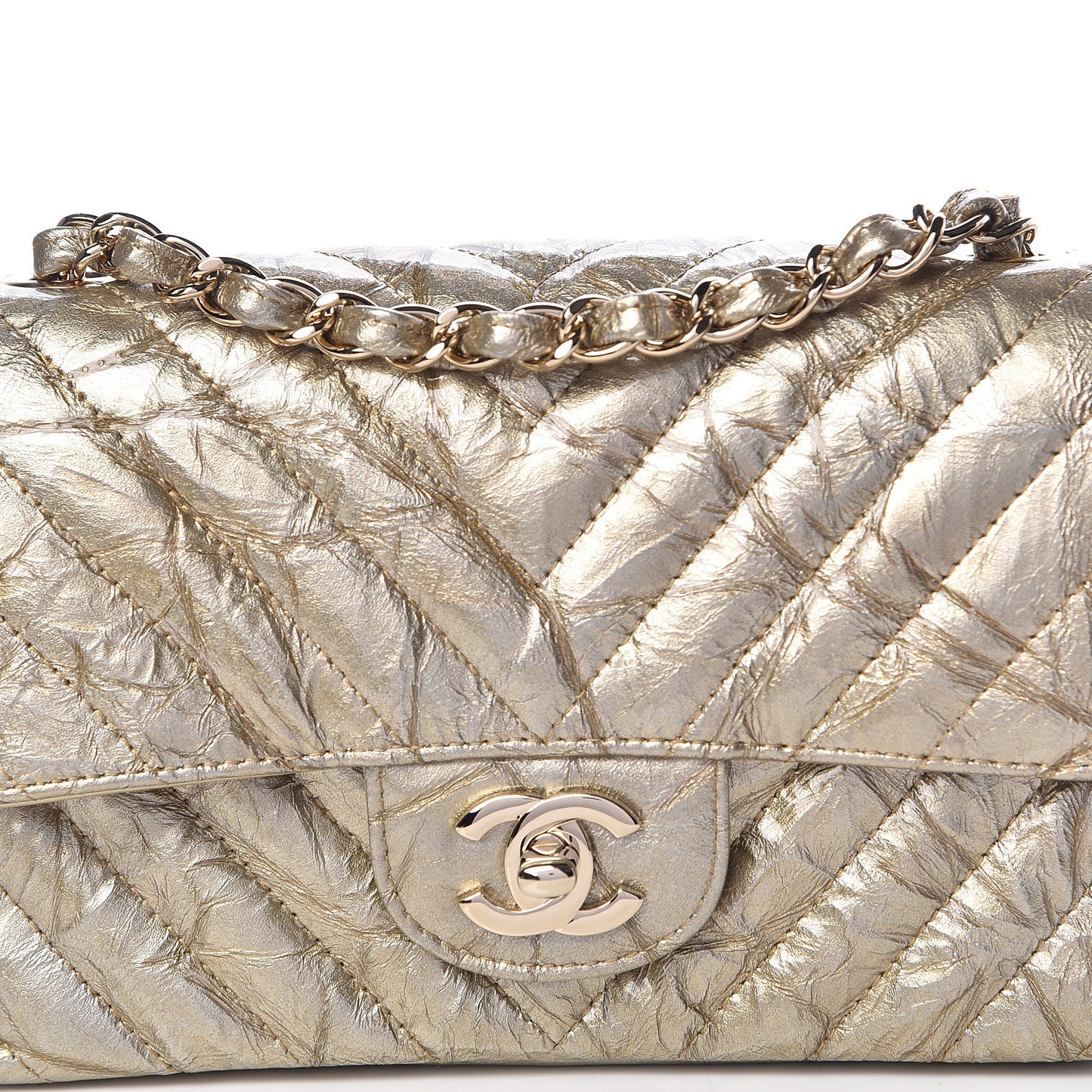 Patent Metallic Crumpled Calfskin Chevron Quilted Mini Rectangular Flap Gold