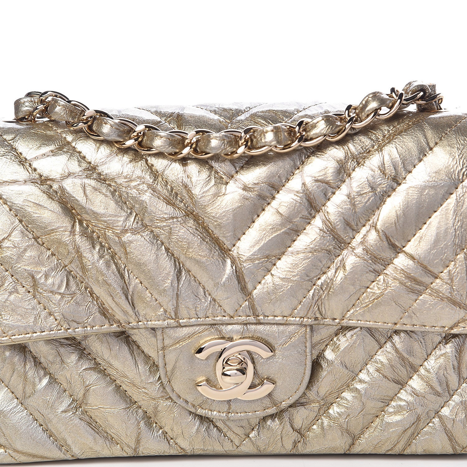 Chanel Patent Metallic Crumpled Calfskin Chevron Quilted Mini Rectangular Flap Gold 10 of 11