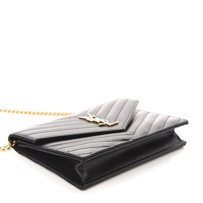 Saint Laurent Grain De Poudre Matelasse Chevron Monogram Envelope Chain Wallet Black 4 of 10