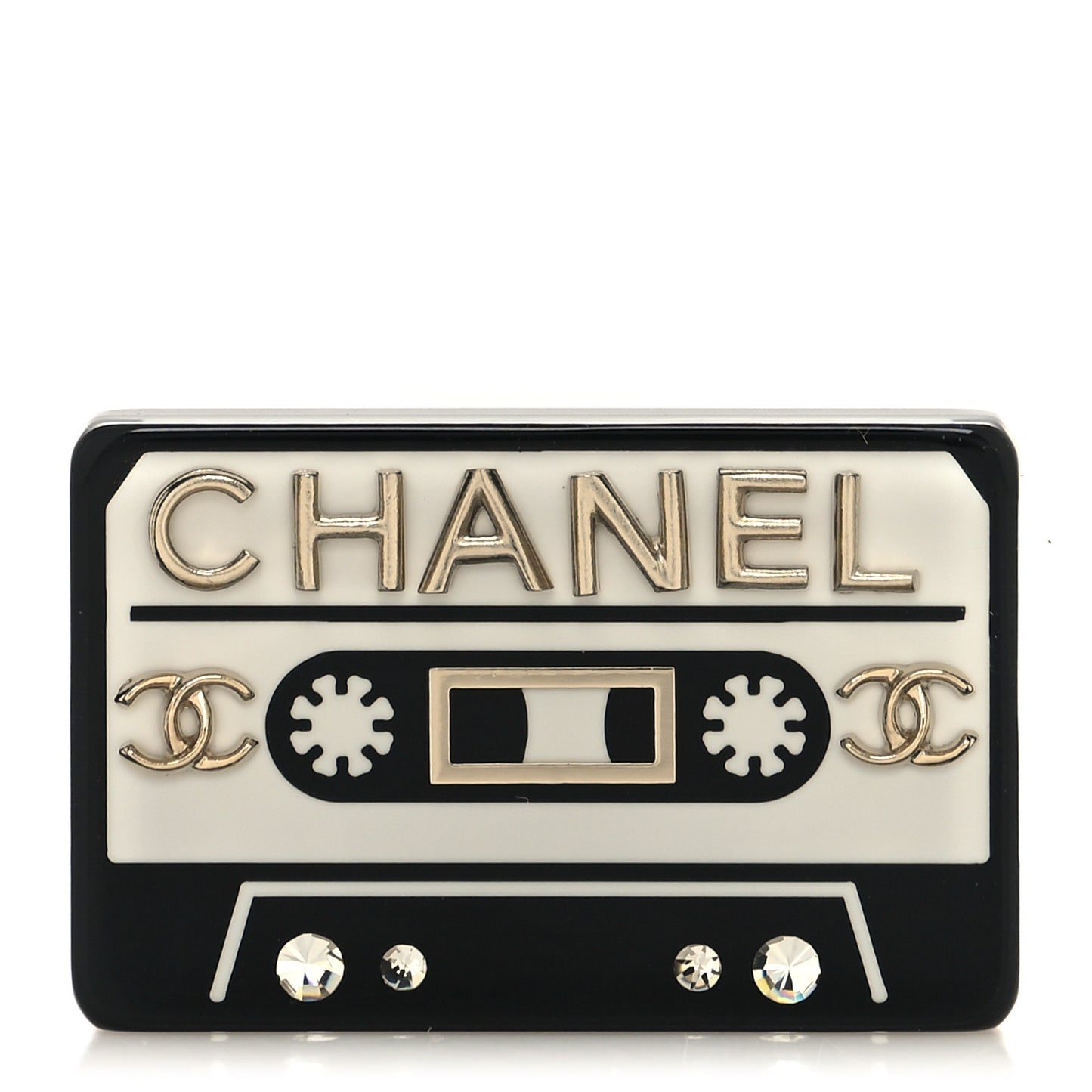 Resin Crystal Chanel Cassette Brooch Black Gold