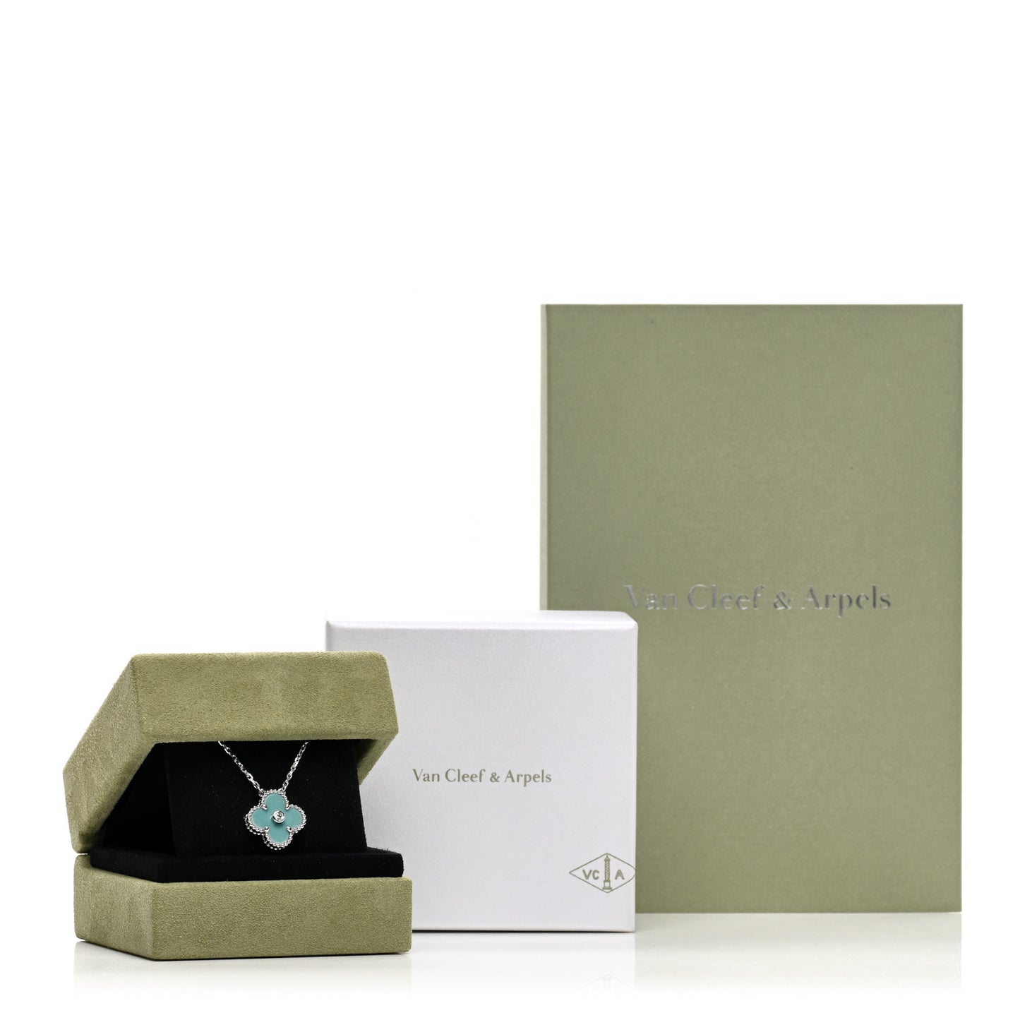 18K White Gold Diamond Celadon Green Sevres Porcelain Vintage Alhambra Pendant Necklace