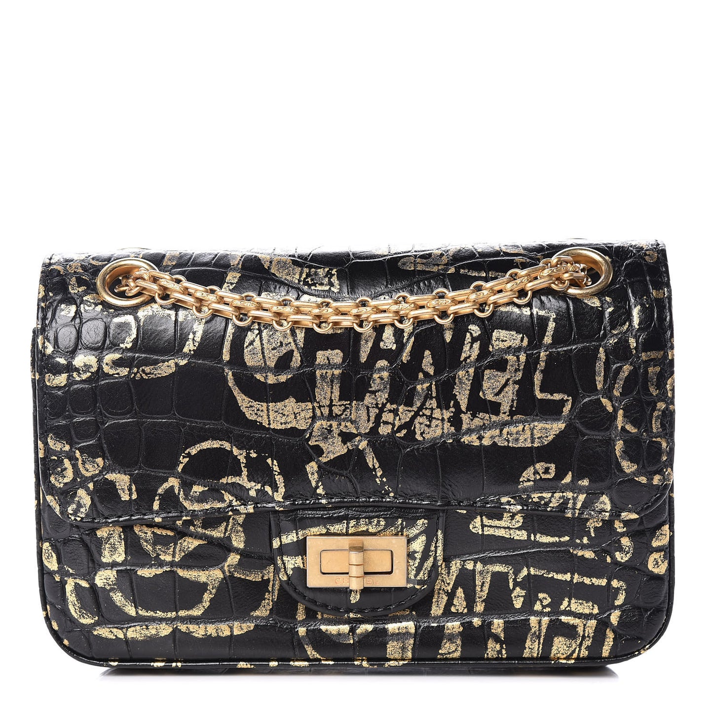 Calfskin Crocodile Embossed Graffiti 2.55 Mini Cocodile Reissue Flap Black Gold