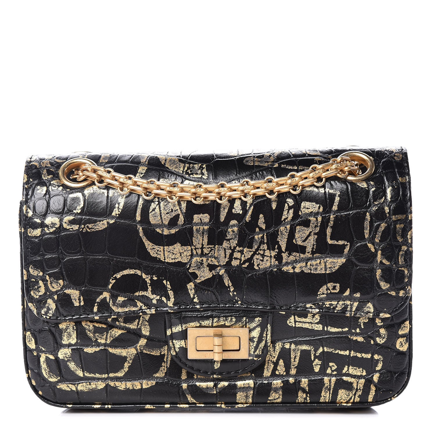 Chanel Calfskin Crocodile Embossed Graffiti 2.55 Mini Cocodile Reissue Flap Black Gold 1 of 10