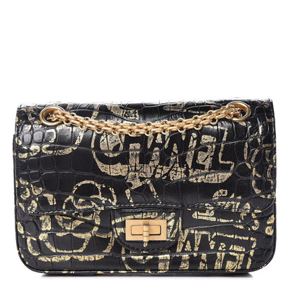 Chanel Calfskin Crocodile Embossed Graffiti 2.55 Mini Cocodile Reissue Flap Black Gold 1 of 10