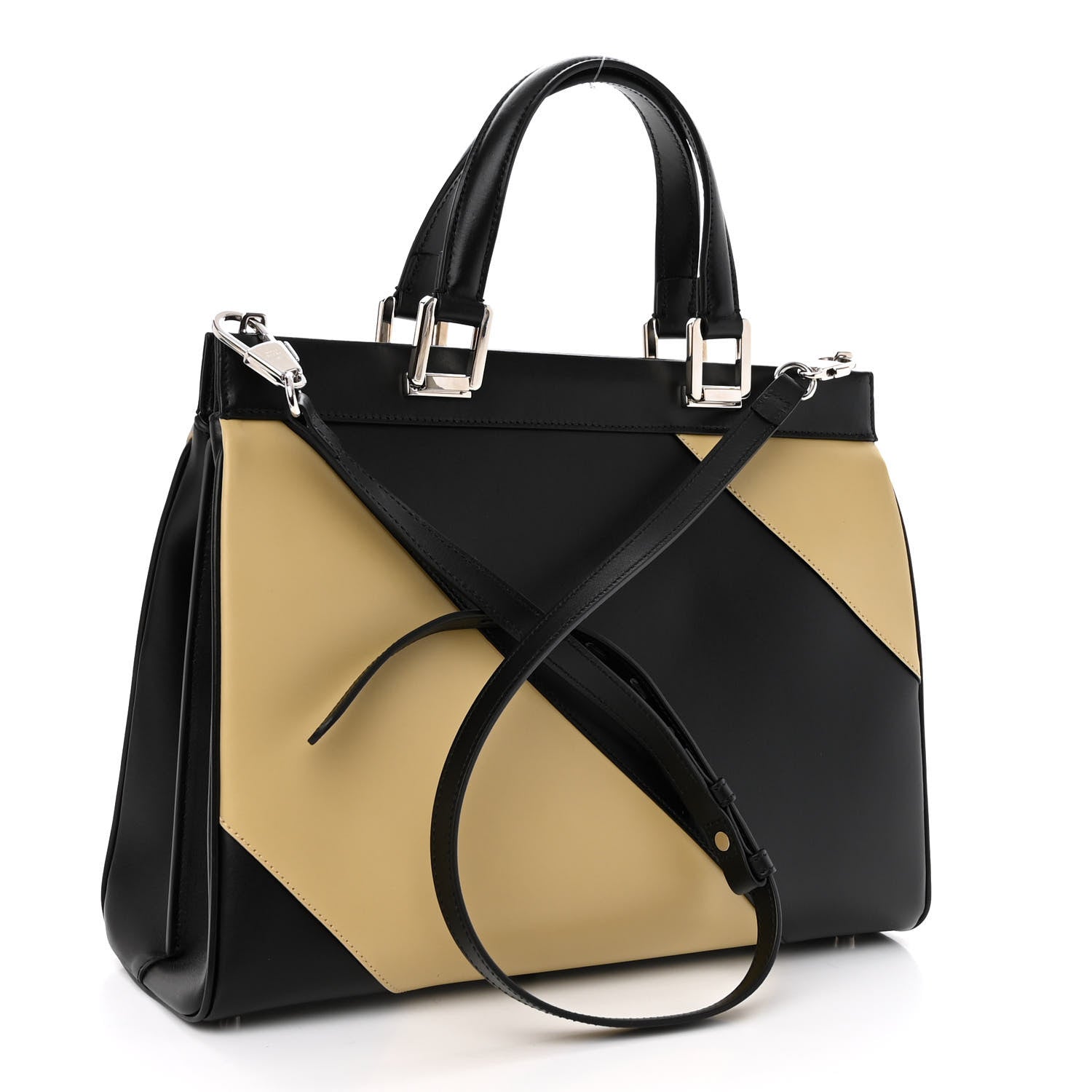 Gucci Smooth Calfskin Diagonal Striped Medium Zumi Top Handle Bag Black Beige 3 of 10
