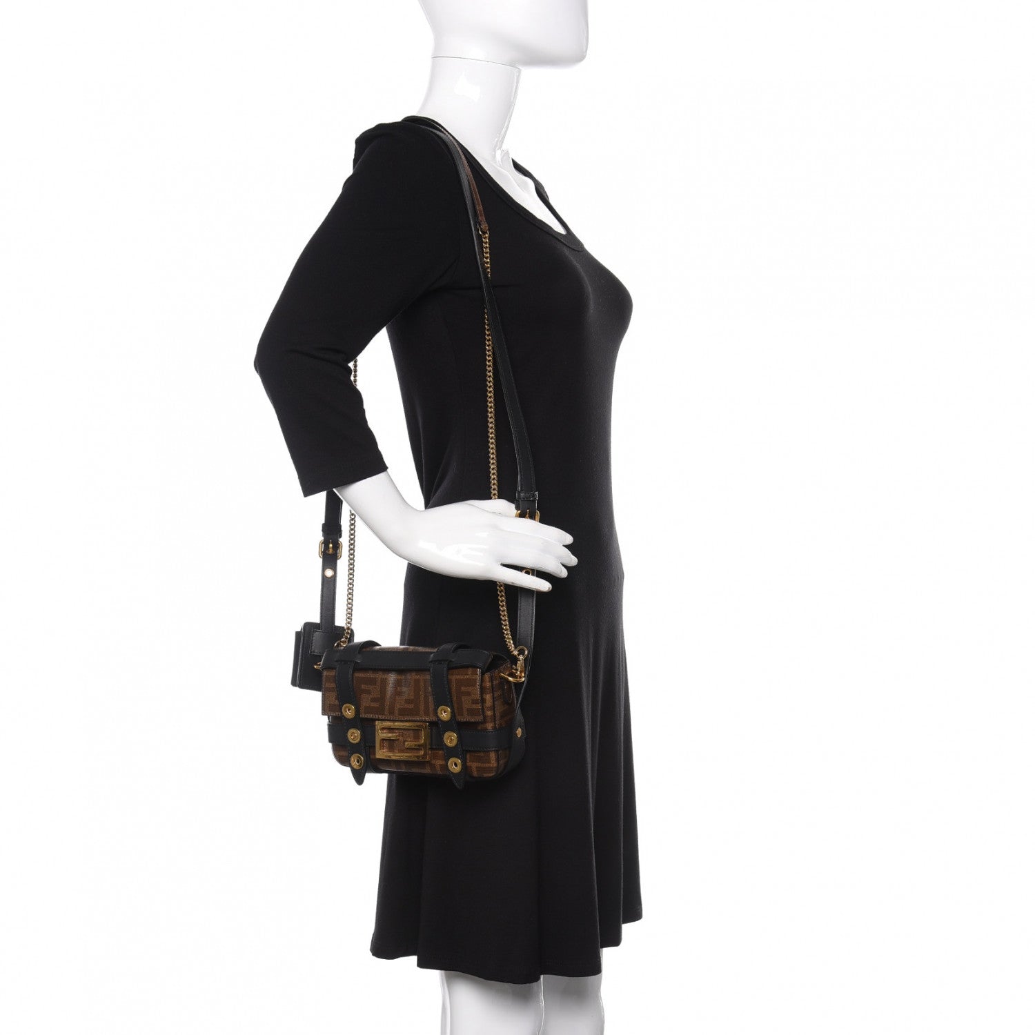 Fendi Glazed Fabric Vitello Century FF 1974 Mini Baguette Cage Mogano Panna Black 2 of 9