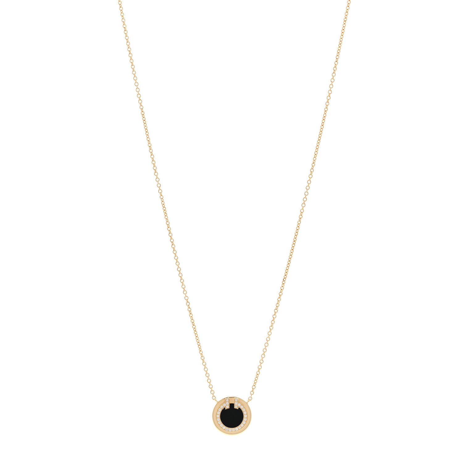 Tiffany 18K Yellow Gold Diamond Black Onyx Small T Circle Pendant Necklace 1 of 5
