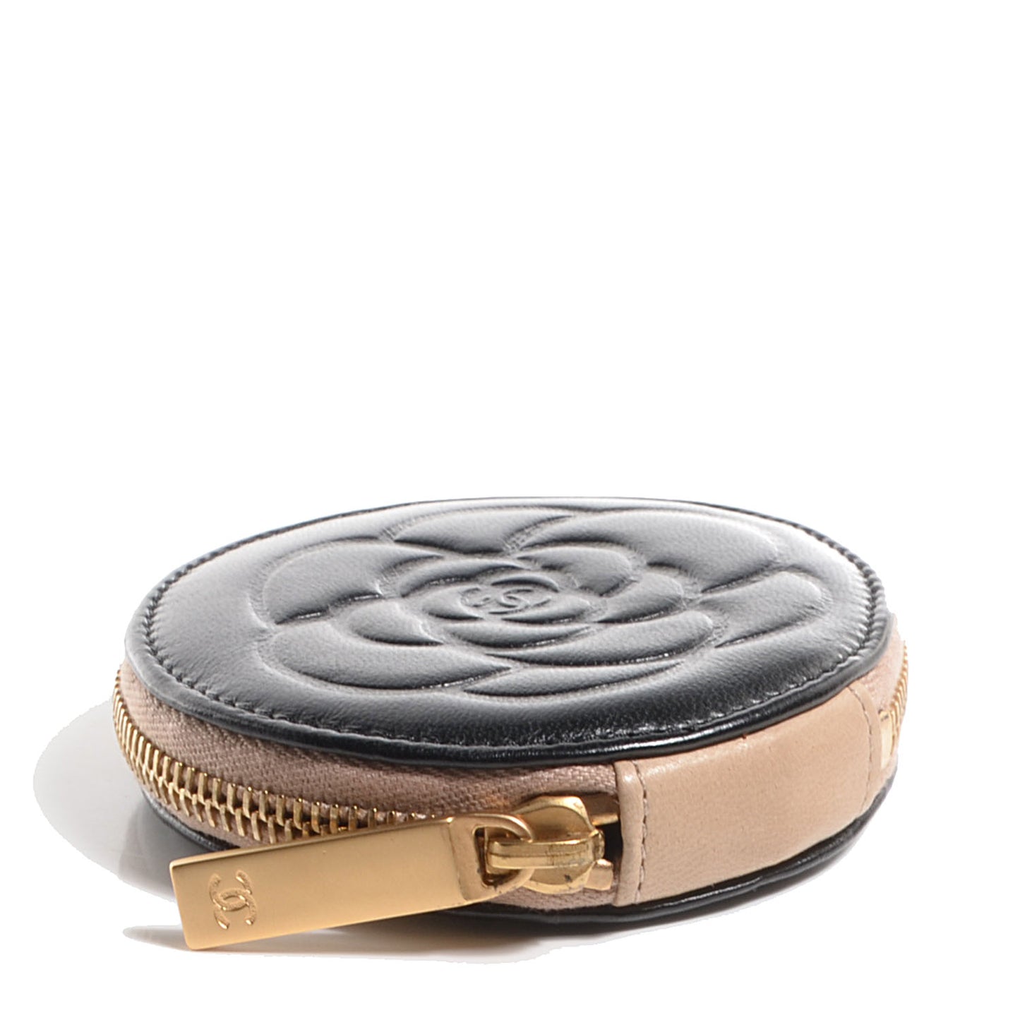 Lambskin Round Camellia CC Coin Purse Black