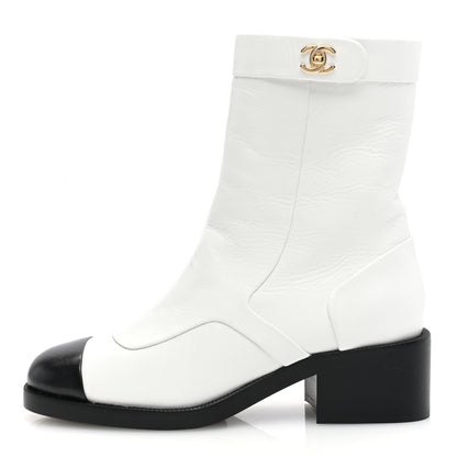 Chanel Shiny Goatskin Cap Toe Short Boots 37 White Black 1 of 8