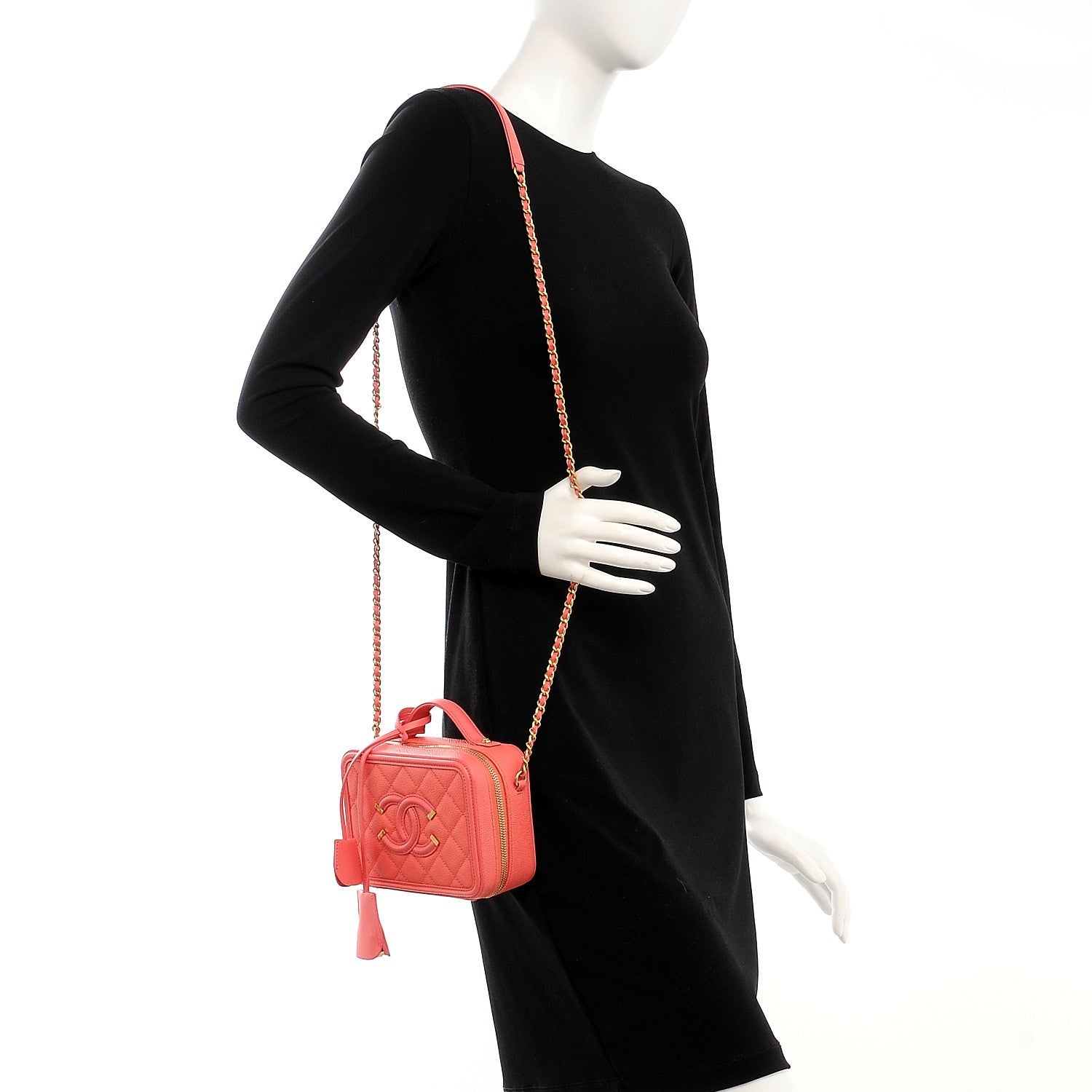 Chanel Caviar Quilted Small CC Filigree Vanity Case Coral 2 of 9