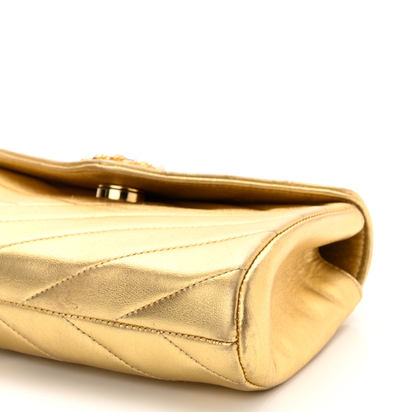 Metallic Lambskin Crystal Chevron Chain Clutch Gold