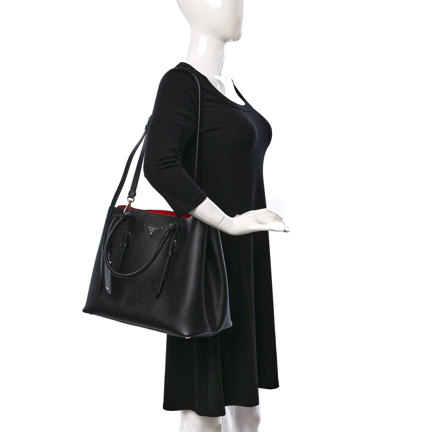 Prada Saffiano Cuir Medium Double Handle Tote Black Fuoco 2 of 13