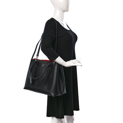 Prada Saffiano Cuir Medium Double Handle Tote Black Fuoco 2 of 13