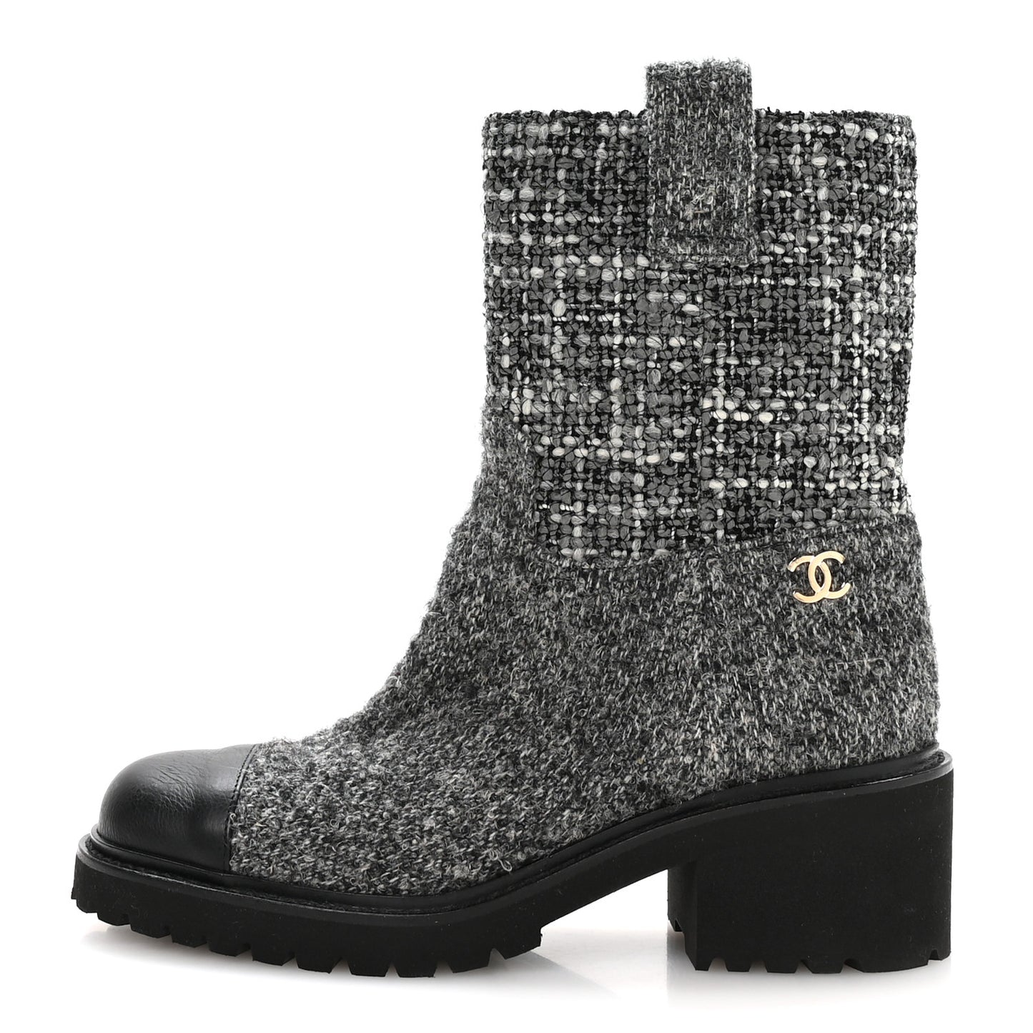 Wool Tweed CC Cap Toe Ankle Boots 38.5 Black Grey