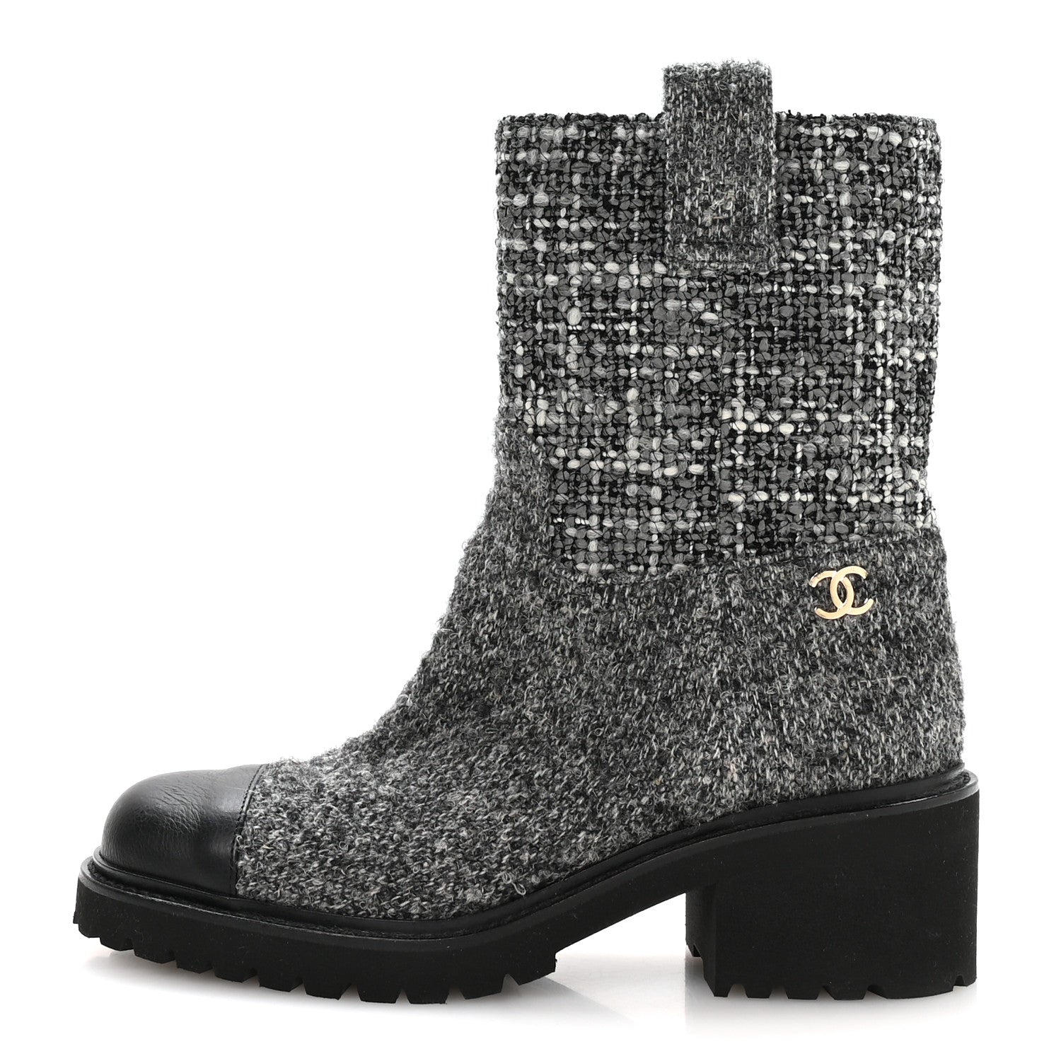 Chanel Wool Tweed CC Cap Toe Ankle Boots 38.5 Black Grey 1 of 8