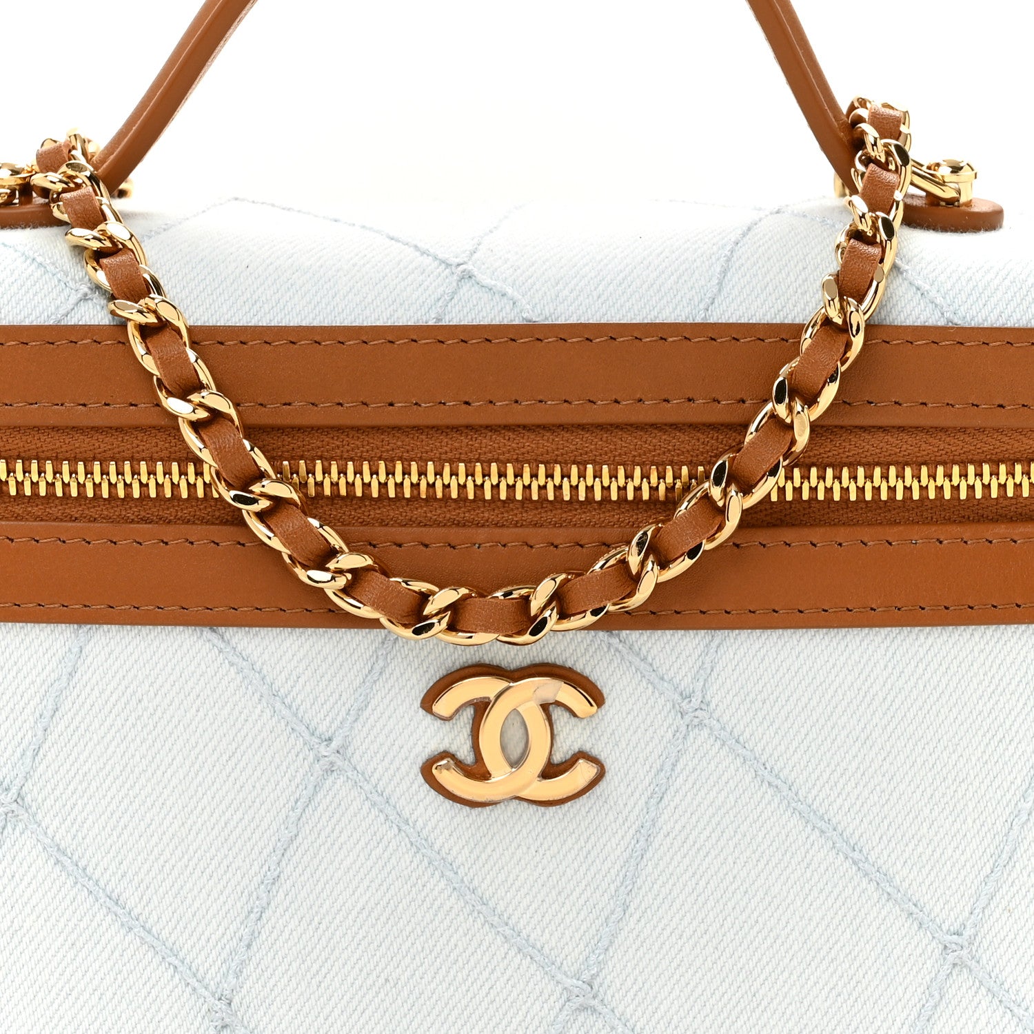 Chanel Washed Denim Calfskin Quilted Top Handle Slim Vanity Case With Chain Blue Brown Blue Brown 8 of 11