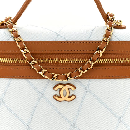Chanel Washed Denim Calfskin Quilted Top Handle Slim Vanity Case With Chain Blue Brown Blue Brown 8 of 11