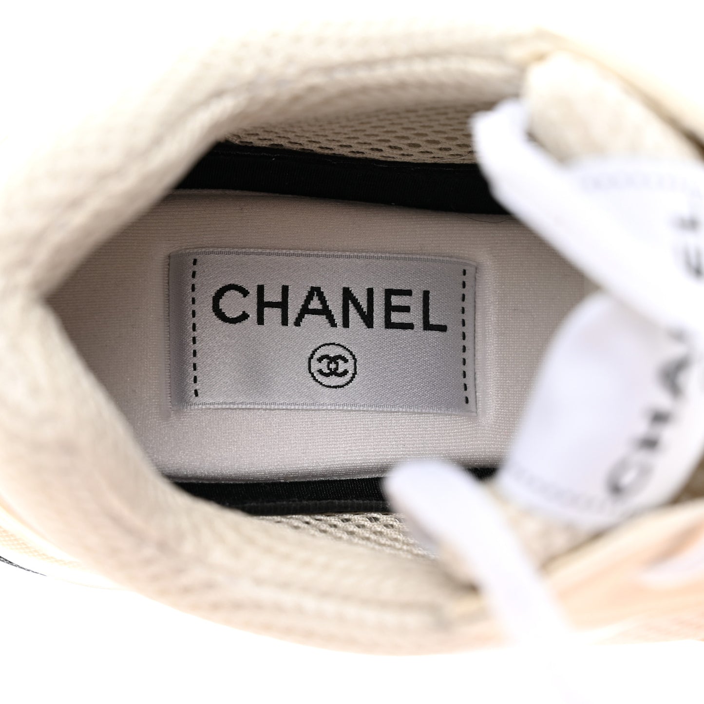 Fabric Laminated Calfskin Stretch CC Womens Sneakers 37 White Gold Silver