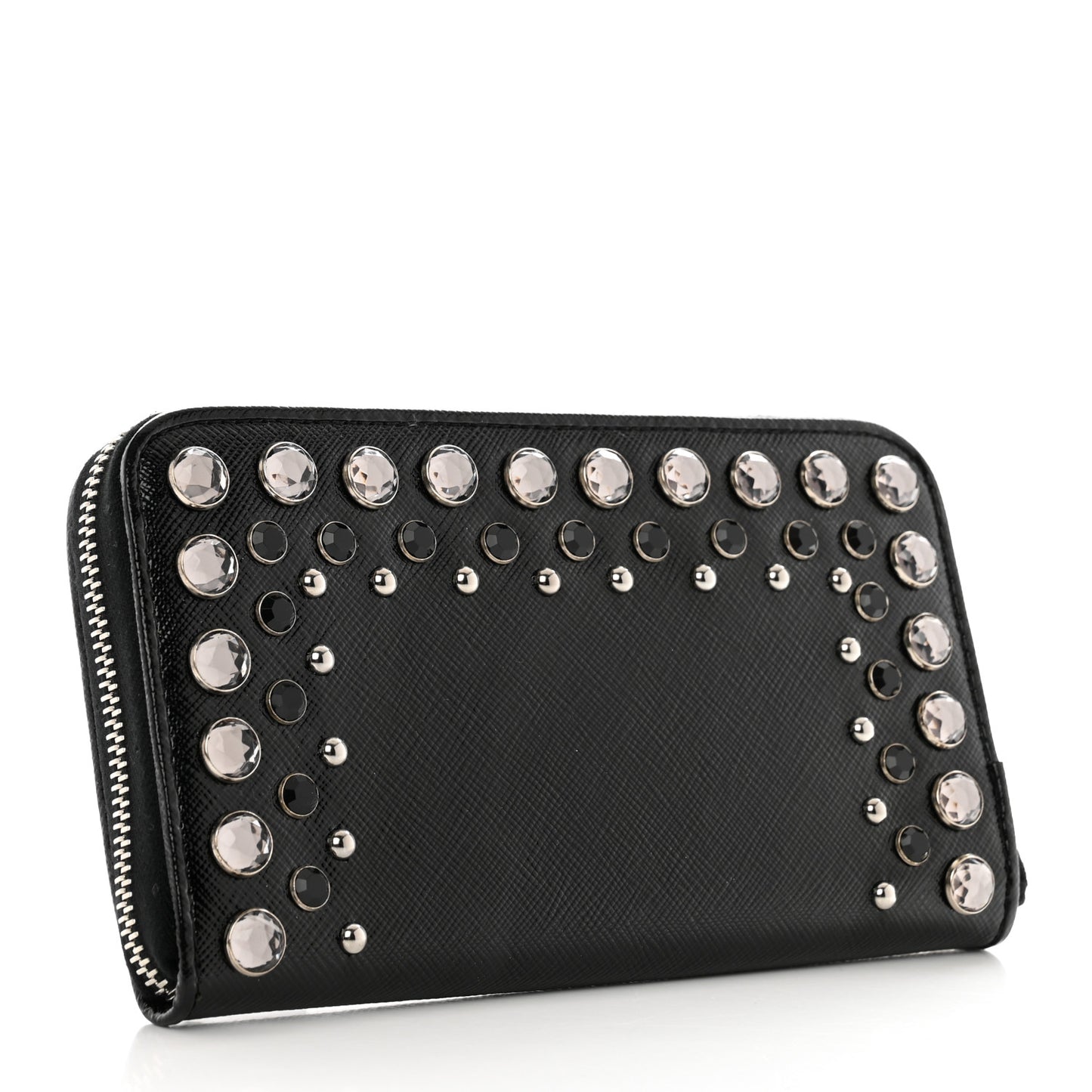 Saffiano Vernice Crystal Studded Zip Around Wallet Black