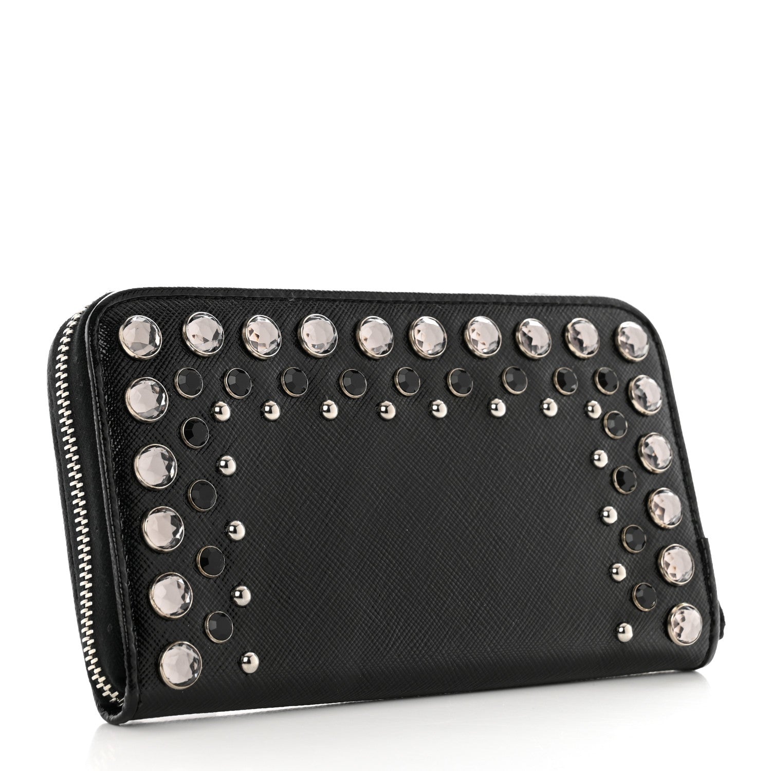 Prada Saffiano Vernice Crystal Studded Zip Around Wallet Black 3 of 7