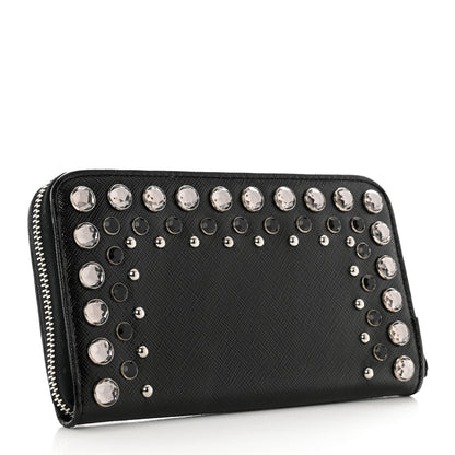 Prada Saffiano Vernice Crystal Studded Zip Around Wallet Black 3 of 7